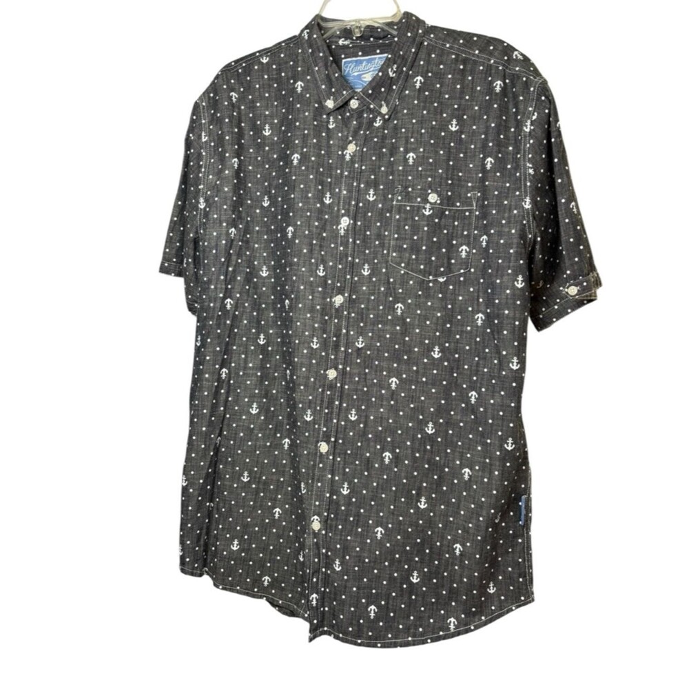 Huntington Beach Club Black Short Slv Button-Down Shirt Anchor Print Mens XL - Picture 2 of 8